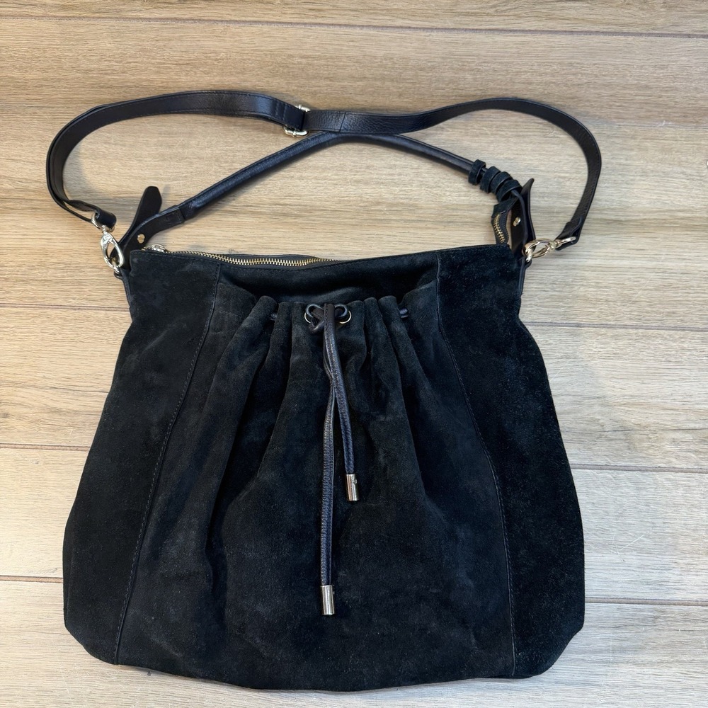 H&M Black Suede Slouchy Hobo Drawstring Shoulder Crossbody Bag Leather Boho